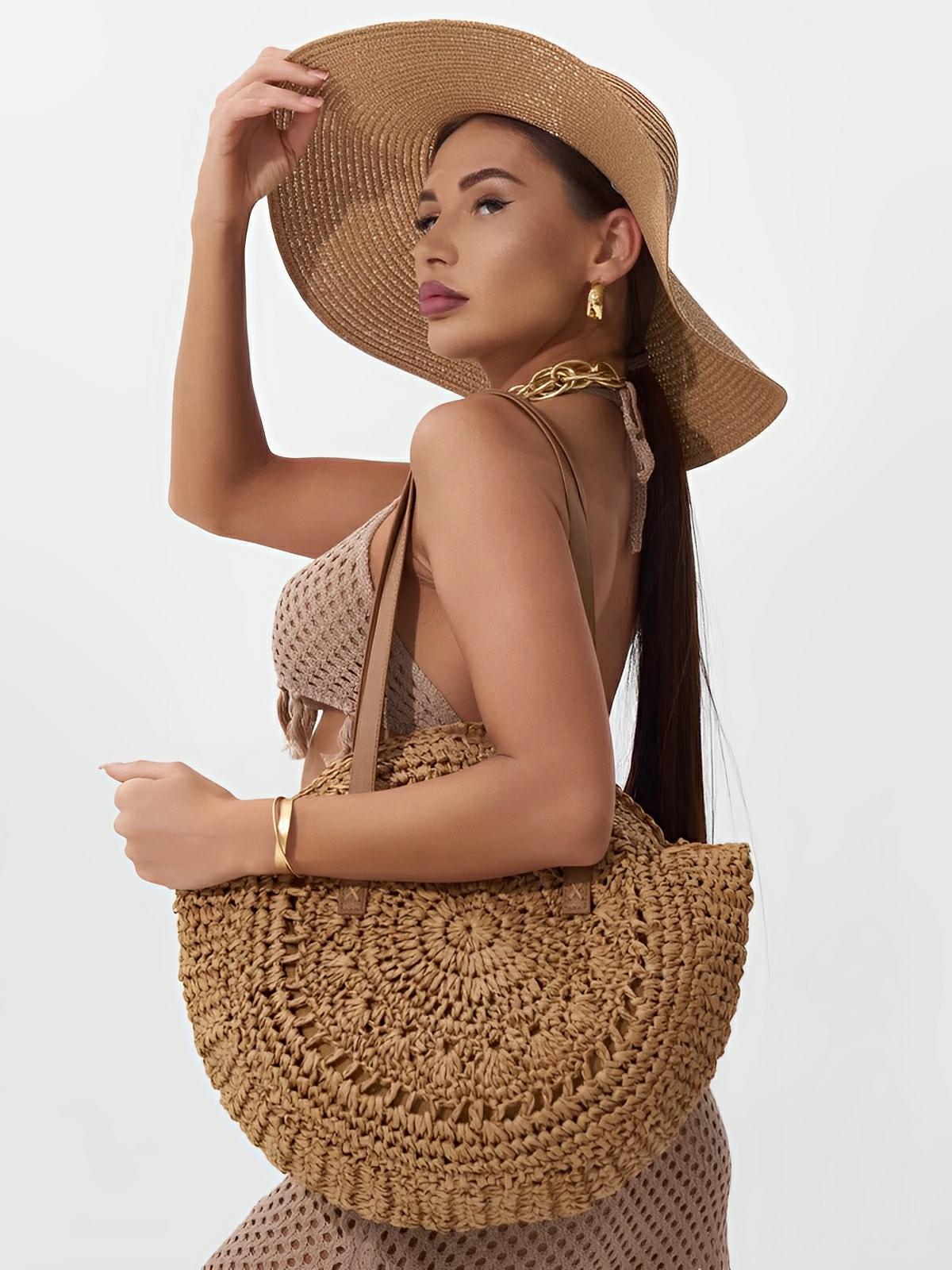 Sac de plage rond raphia, cabas plage bohème, grand sac d'été pour femme, tote - bag de vacances, modèle Gabriella - Sac de plage - Camel