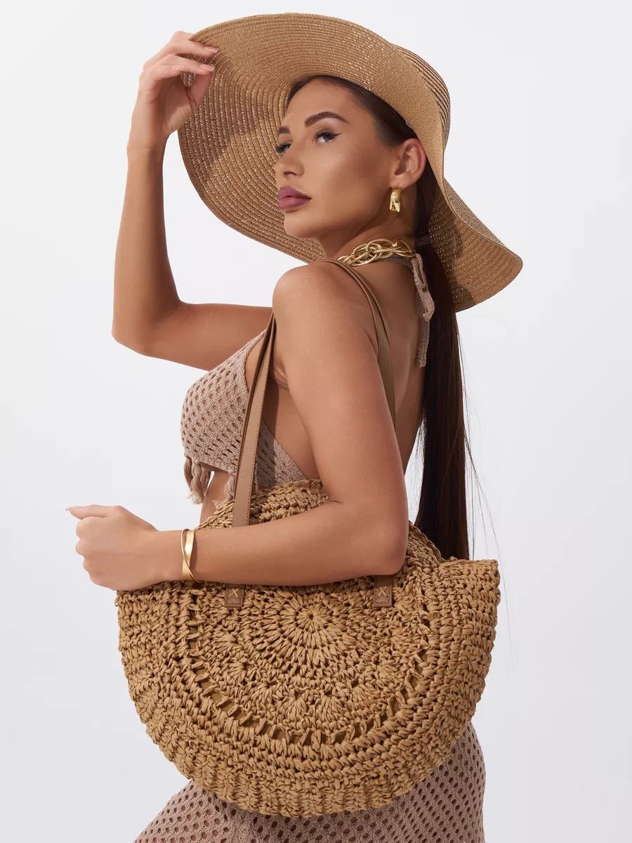 Sac de plage rond raphia, cabas plage bohème, grand sac d'été pour femme, tote - bag de vacances, modèle Gabriella - Sac de plage - Camel