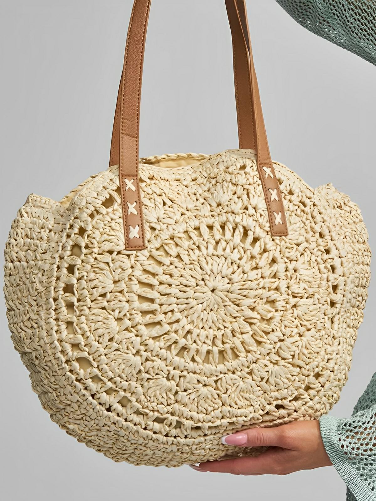 Sac de plage rond raphia, cabas plage bohème, grand sac d'été pour femme, tote - bag de vacances, modèle Gabriella - Sac de plage - Beige