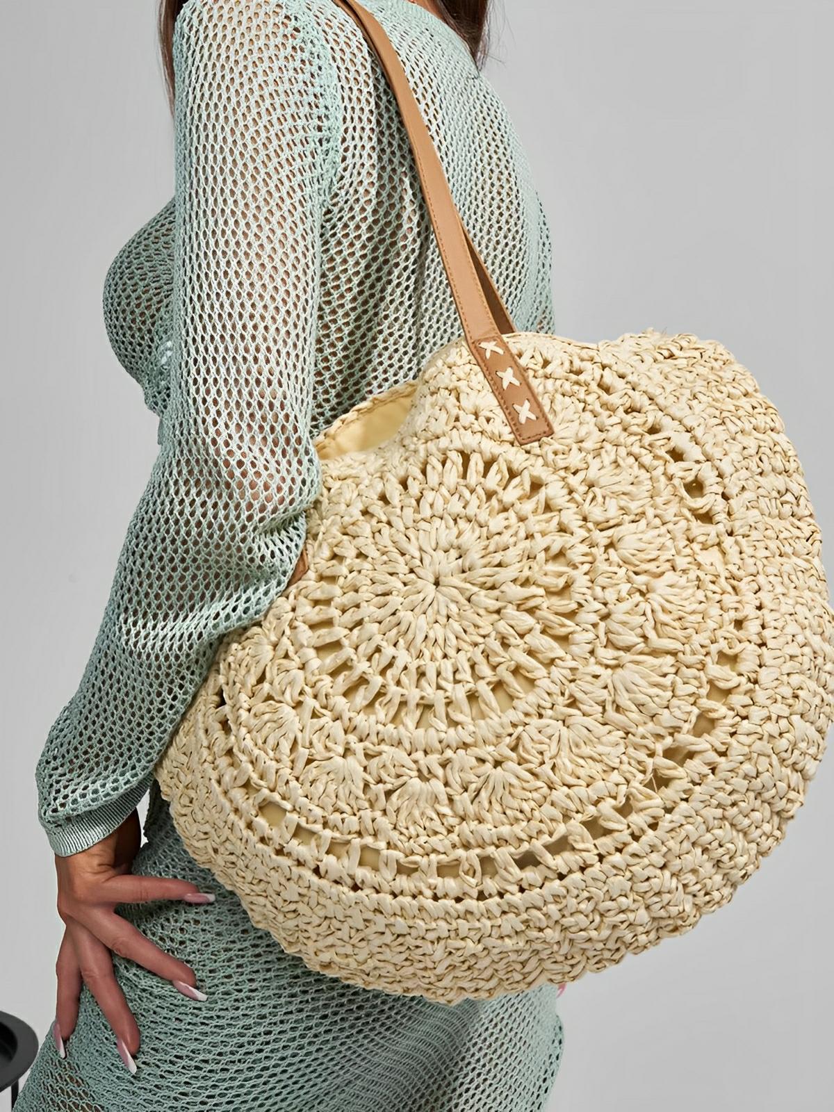 Sac de plage rond raphia, cabas plage bohème, grand sac d'été pour femme, tote - bag de vacances, modèle Gabriella - Sac de plage - Beige