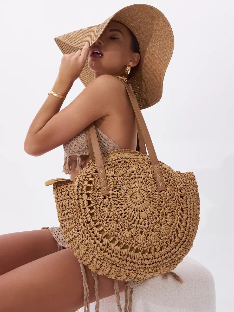 Sac de plage rond raphia, cabas plage bohème, grand sac d'été pour femme, tote - bag de vacances, modèle Gabriella - Sac de plage - Camel