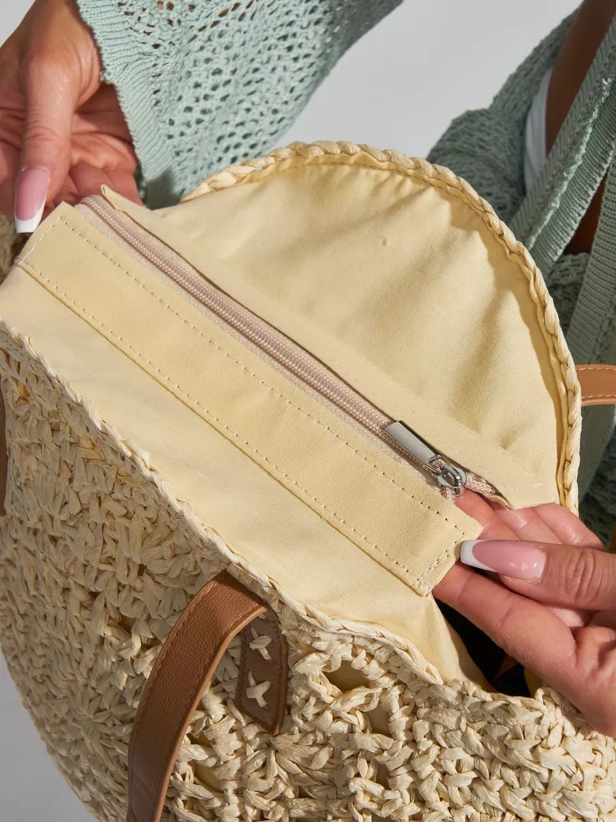 Sac de plage rond raphia, cabas plage bohème, grand sac d'été pour femme, tote - bag de vacances, modèle Gabriella - Sac de plage - Beige
