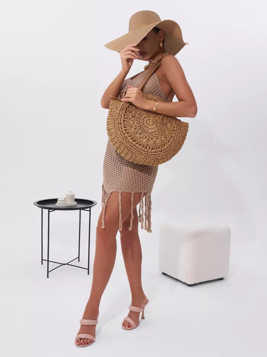 Sac de plage rond raphia, cabas plage bohème, grand sac d'été pour femme, tote - bag de vacances, modèle Gabriella - Sac de plage - Camel