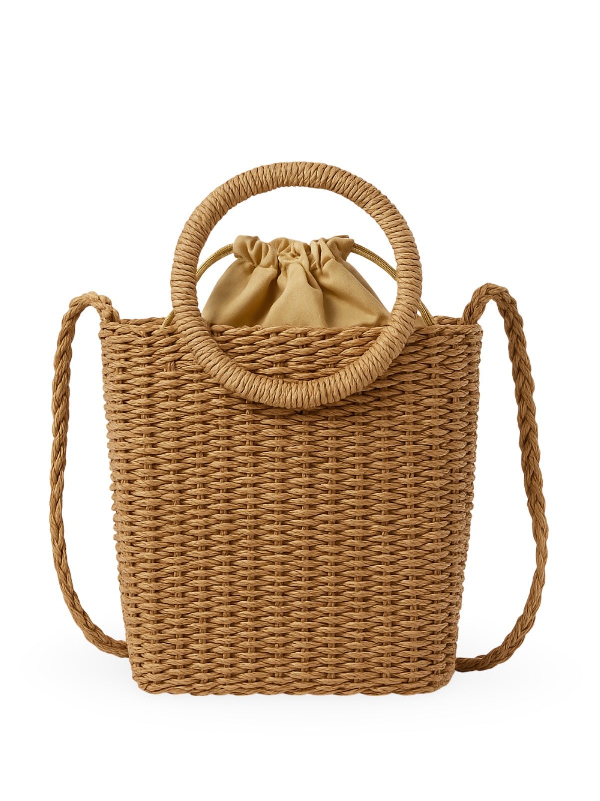 Sac de plage tressé, anse ronde, bandoulière longue, doublure coton, format compact, mini tote bag, modèle Paula - Sac de plage - Camel
