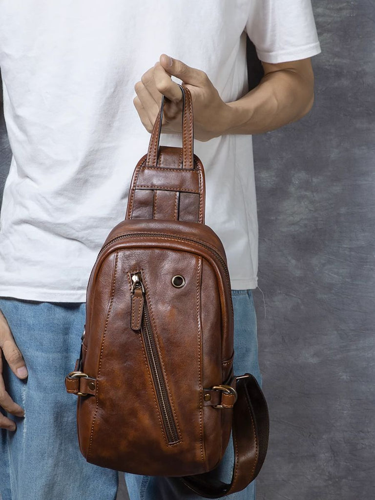 Sac de poitrine en cuir, pour l'homme moderne et actif, au rangement pratique, modèle Odon - Sacoche - Marron