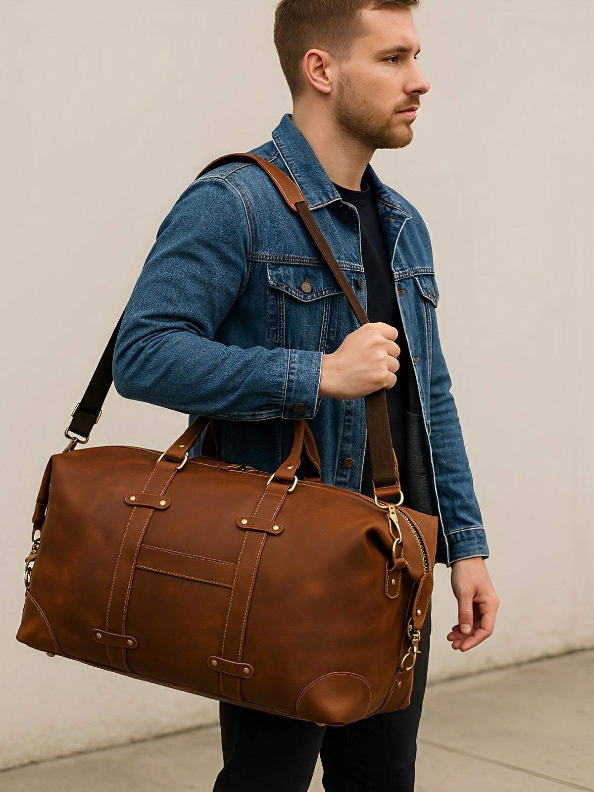 Sac de voyage en cuir, inspiration sacoche vintage, modèle Waleran - Sac de voyage - Marron