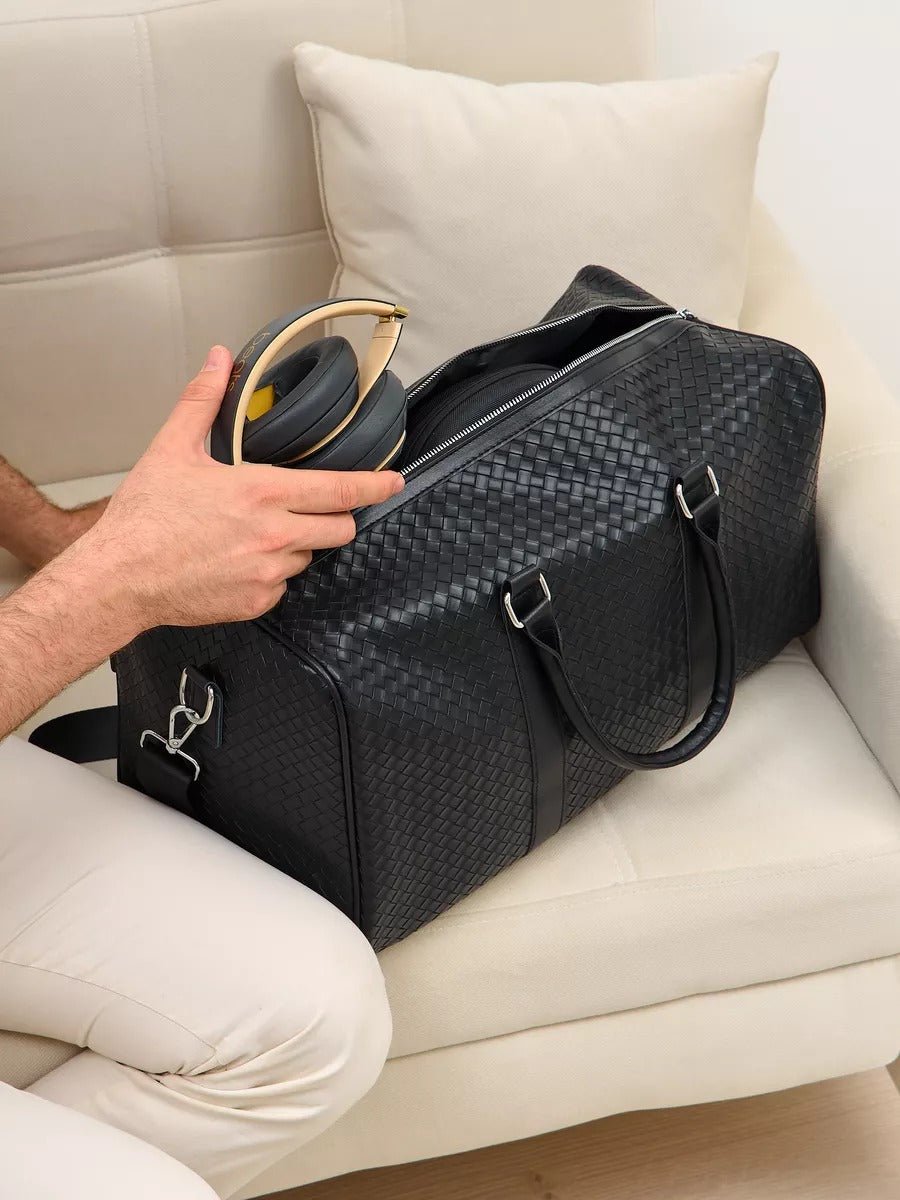 Sac de voyage mixte style luxe, sac de sport, sac week end, sac à main business, sac bandoulière noir tressé, vacances, modèle Zulma - Sac de voyage - Noir