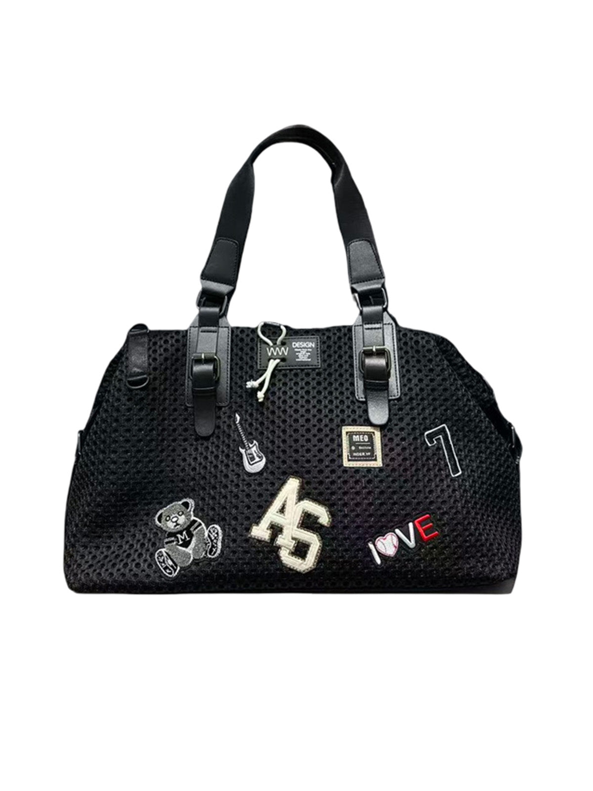 Sac de voyage noir, grand format, broderies décoratives, néoprène, porté épaule, avec patchs, femme, modèle Constantine - Sac de voyage - Noir