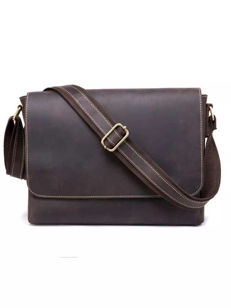 Sac en cuir homme, bandoulière ajustable, format A4, rangement sécurisé, style vintage, modèle Sigebert - Sac Bandoulière - Café