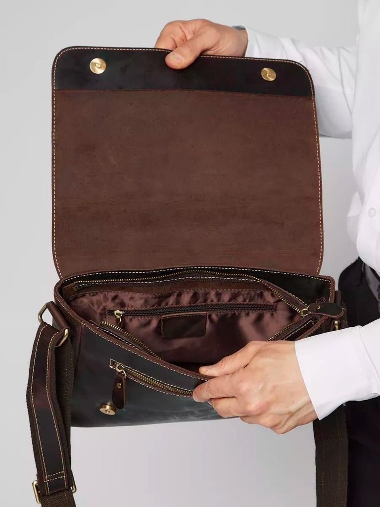 Sac en cuir homme, bandoulière ajustable, format A4, rangement sécurisé, style vintage, modèle Sigebert - Sac Bandoulière - Café