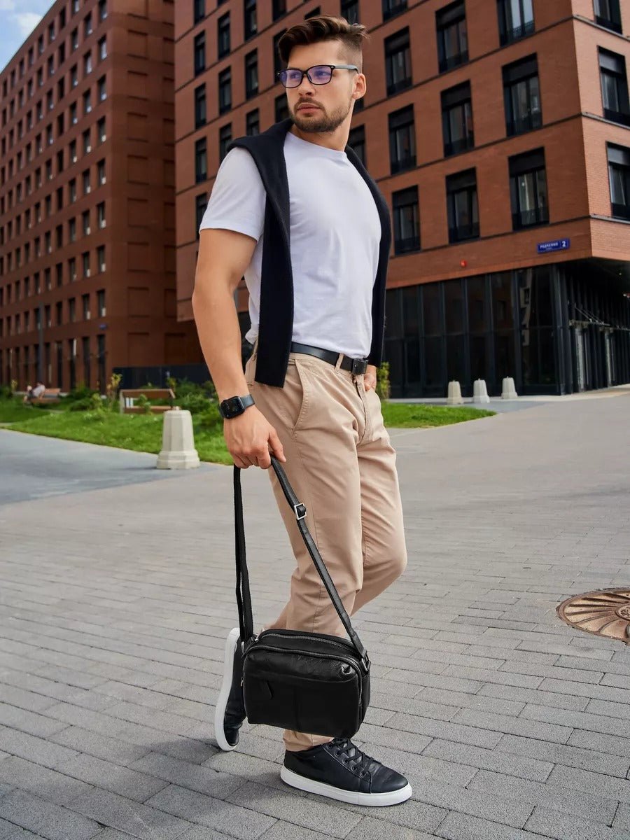 Sacoche à bandoulière en cuir, au style décontractée, double compartiment, modèle Mérové - Sacoche - Noir