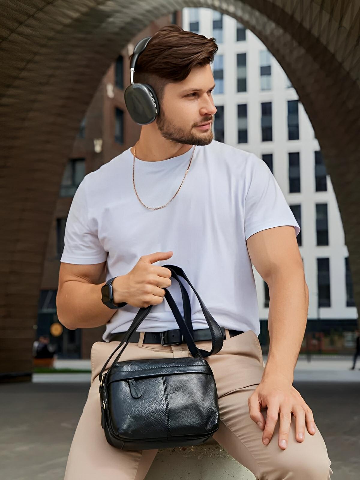 Sacoche à bandoulière en cuir, au style décontractée, double compartiment, modèle Mérové - Sacoche - Noir