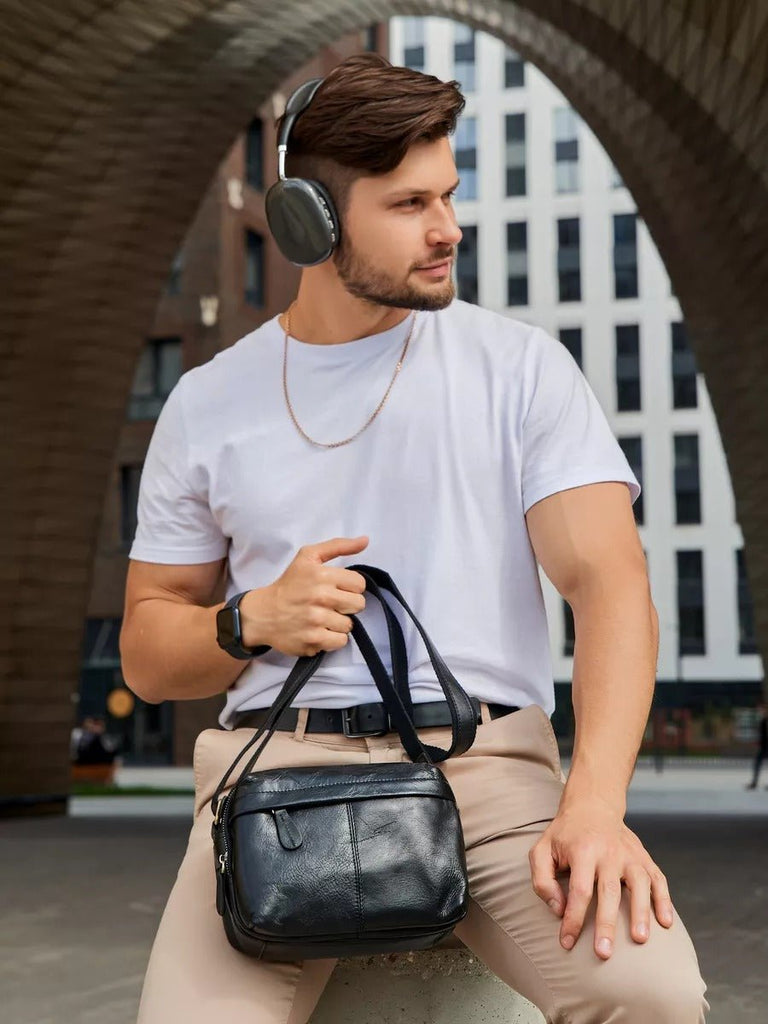 Sacoche à bandoulière en cuir, au style décontractée, double compartiment, modèle Mérové - Sacoche - Noir