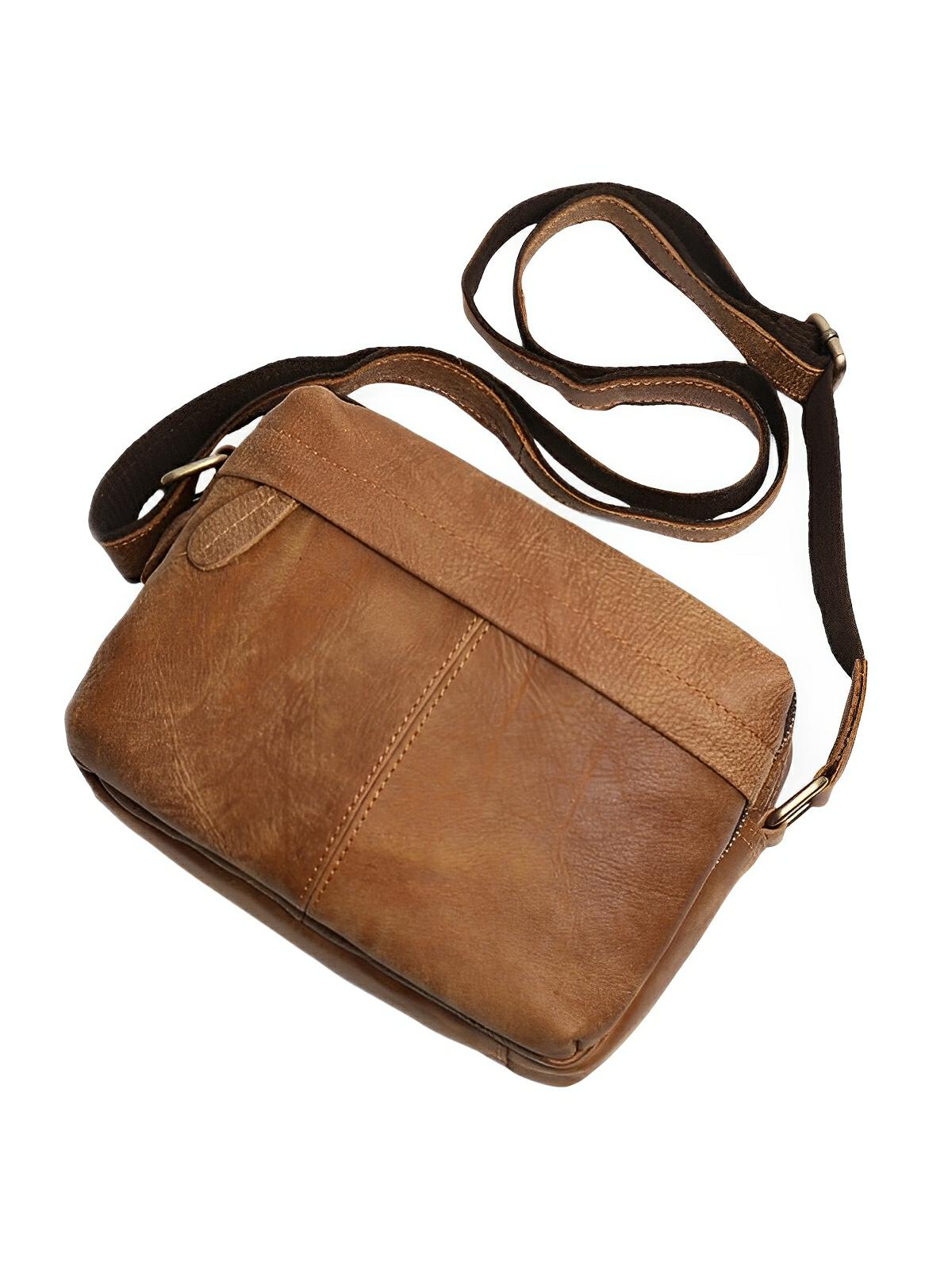 Sacoche à bandoulière en cuir, au style décontractée, double compartiment, modèle Mérové - Sacoche - Marron