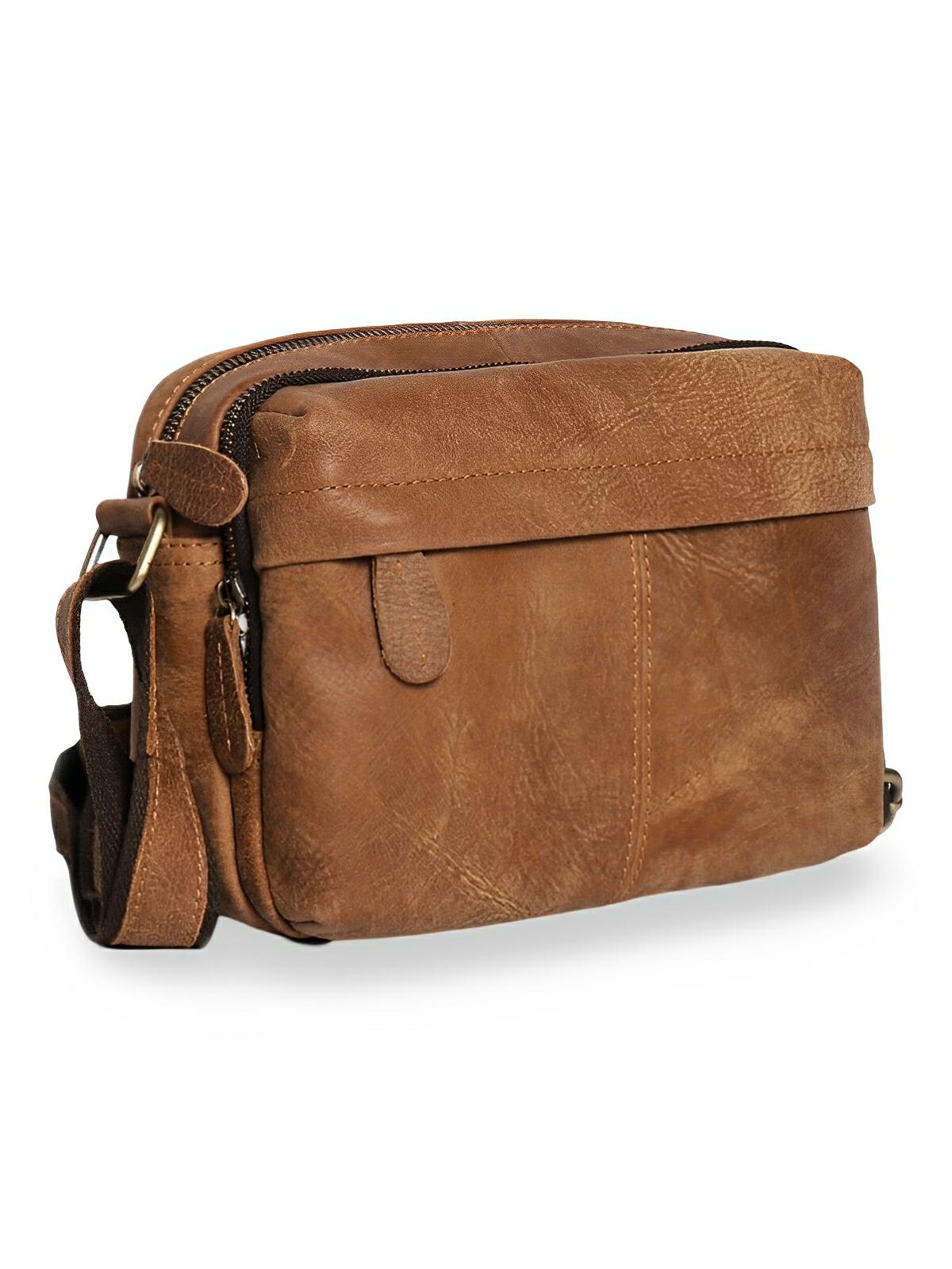 Sacoche à bandoulière en cuir, au style décontractée, double compartiment, modèle Mérové - Sacoche - Marron