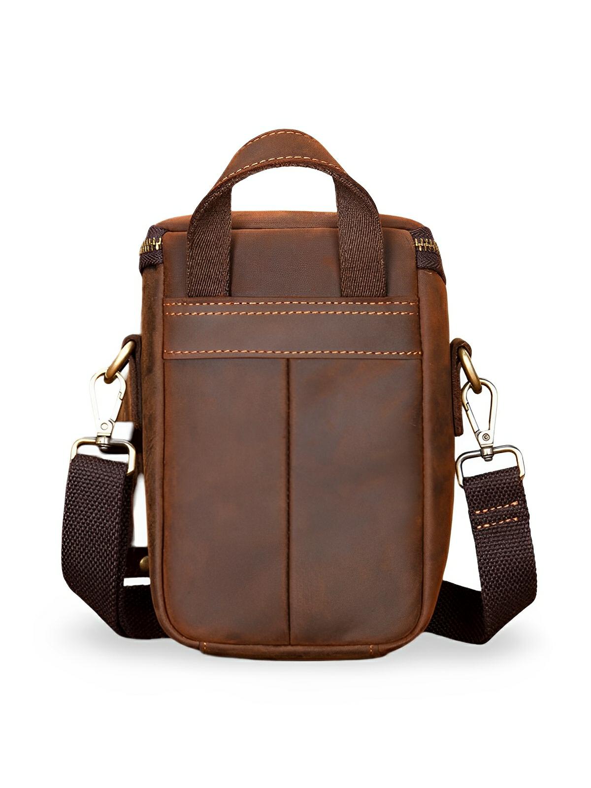 Sacoche à bandoulière en cuir, compacte et arrondie, transport minimaliste, modèle Mathelin - Sacoche - Marron