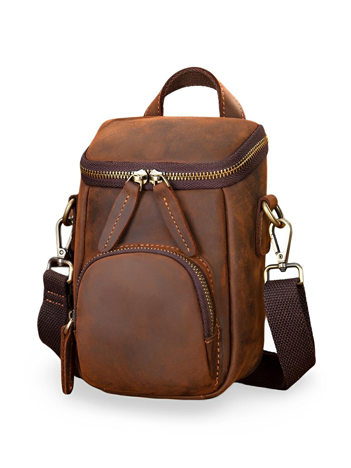 Sacoche à bandoulière en cuir, compacte et arrondie, transport minimaliste, modèle Mathelin - Sacoche - Marron