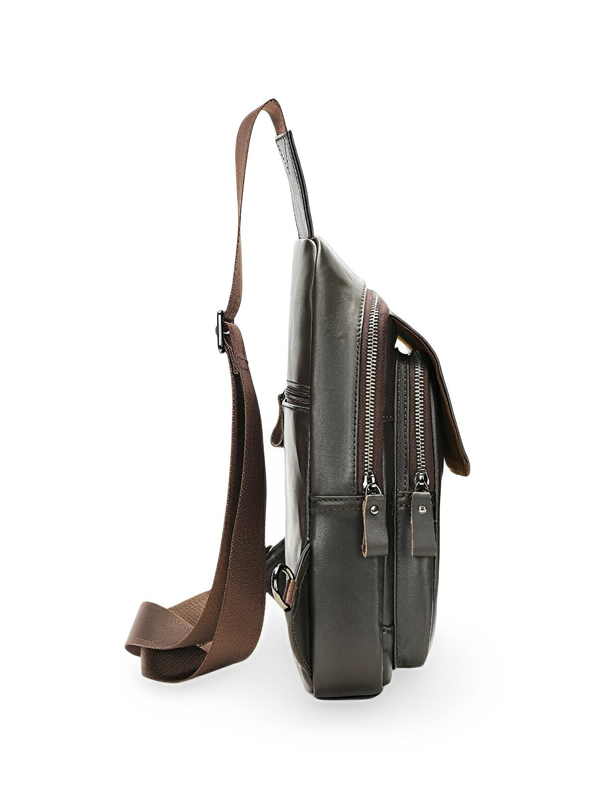 Sacoche de poitrine compact en cuir, rangement organisé et design moderne, modèle Saturnin - Sacoche - Café
