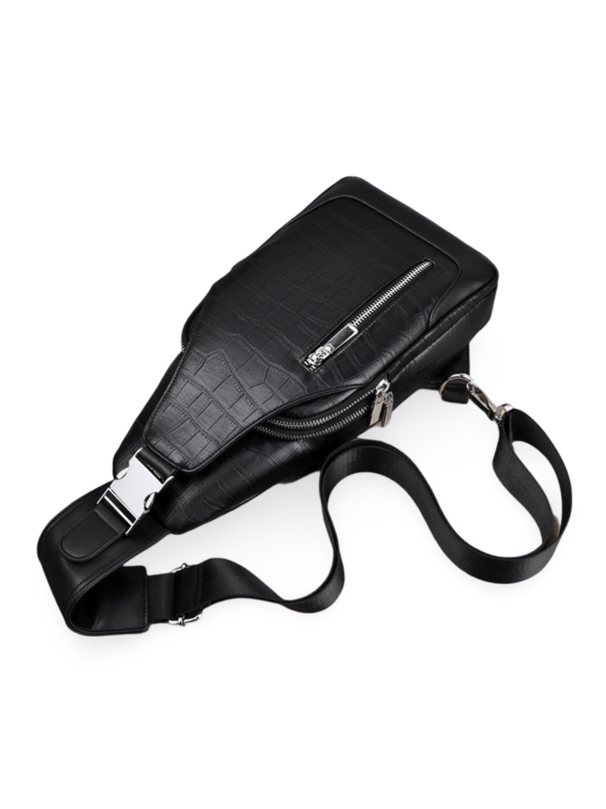 Sacoche pour homme en cuir pleine fleur, grande capacité, motif crocodile, port USB, poches multiples, modèle Diano - Sacoche - Noir