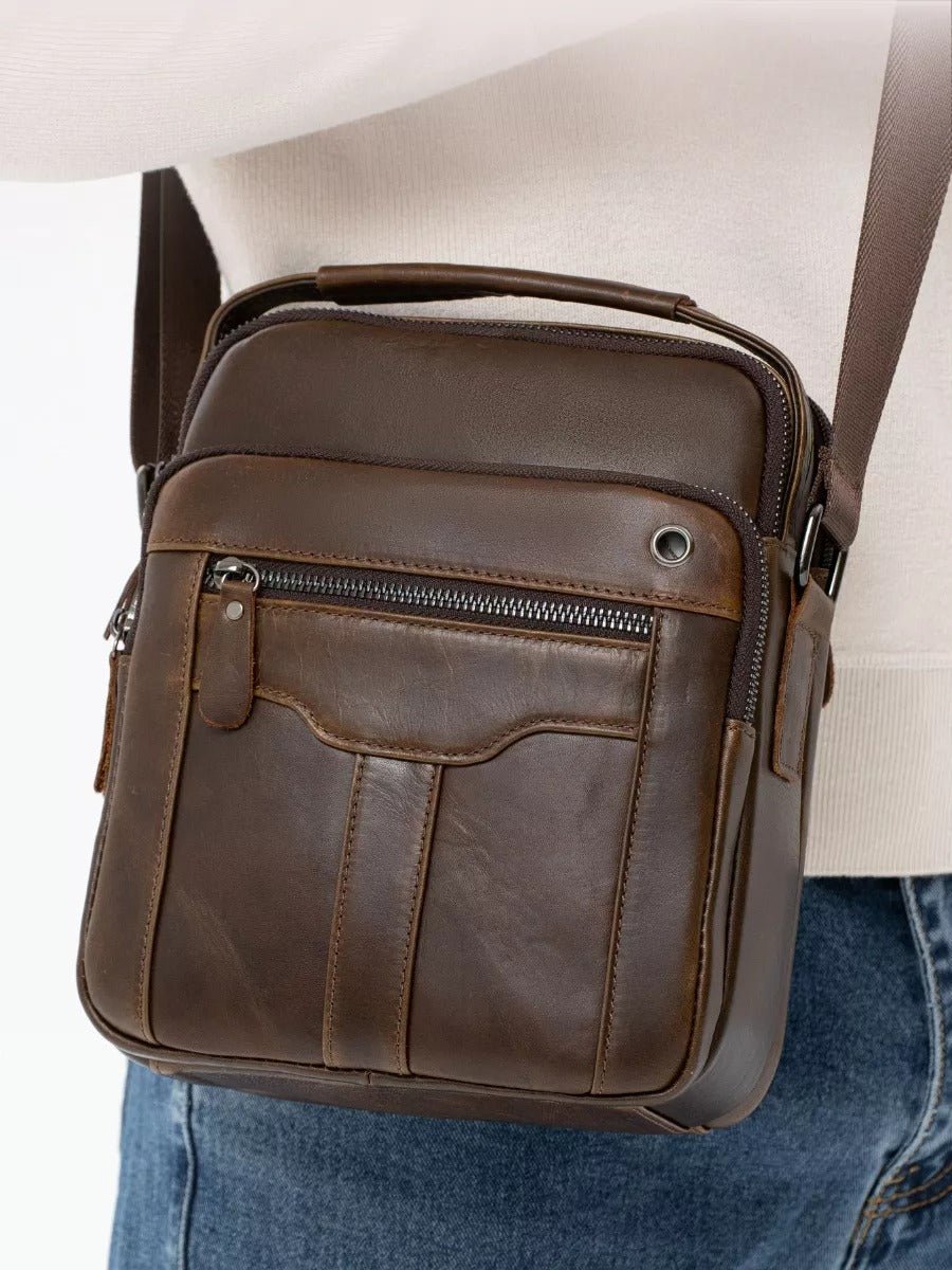 Sacoche pour homme en cuir véritable, petit sac à bandoulière pratique, sac besace vintage, modèle Gaudence - Sacoche - Marron