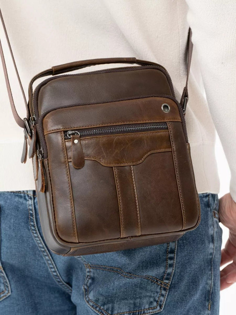 Sacoche pour homme en cuir véritable, petit sac à bandoulière pratique, sac besace vintage, modèle Gaudence - Sacoche - Marron