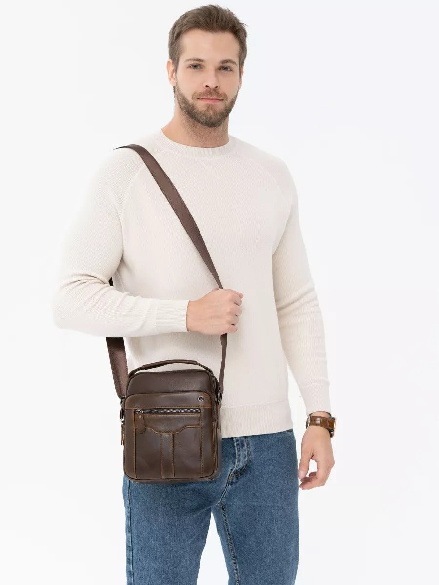 Sacoche pour homme en cuir véritable, petit sac à bandoulière pratique, sac besace vintage, modèle Gaudence - Sacoche - Marron