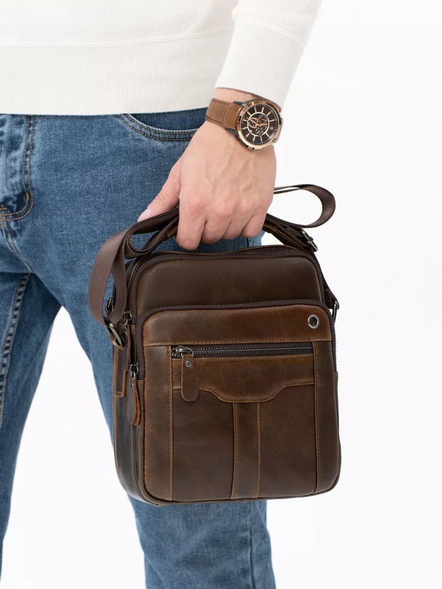 Sacoche pour homme en cuir véritable, petit sac à bandoulière pratique, sac besace vintage, modèle Gaudence - Sacoche - Marron