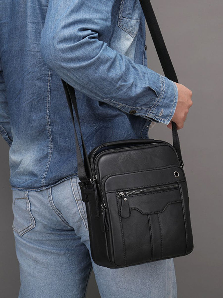 Sacoche pour homme en cuir véritable, petit sac à bandoulière pratique, sac besace vintage, modèle Gaudence - Sacoche - Noire