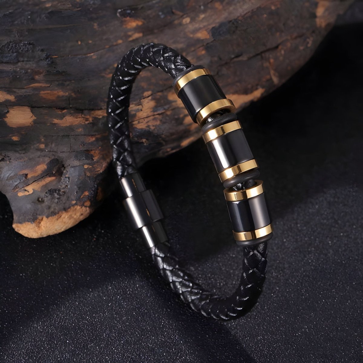 Bracelet en cuir, à détails cylindriques, modèle Turold - Bracelet - 21 cm (Taille unique)