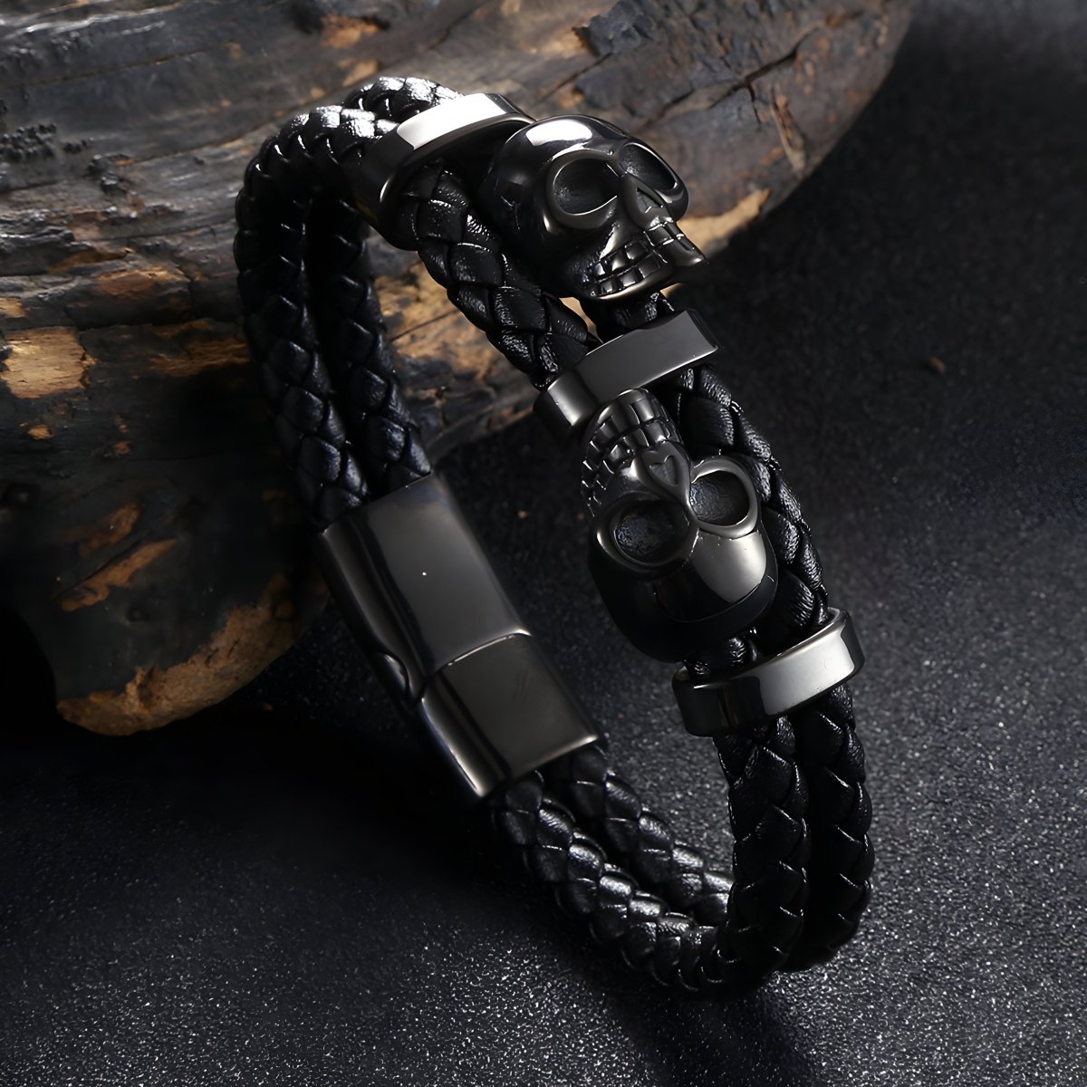 Bracelet en cuir, à deux têtes de mort, modèle Albain - Bracelet - Noir 21 cm (Taille unique)