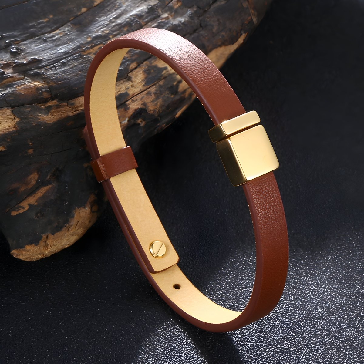Bracelet en cuir, à l'allure basique, modèle Guibert - Bracelet - 21 cm (Taille unique) Marron