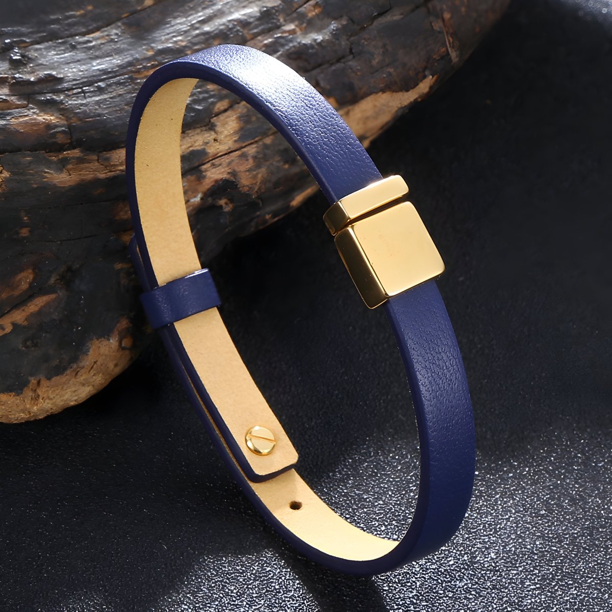 Bracelet en cuir, à l'allure basique, modèle Guibert - Bracelet - 21 cm (Taille unique) Bleu
