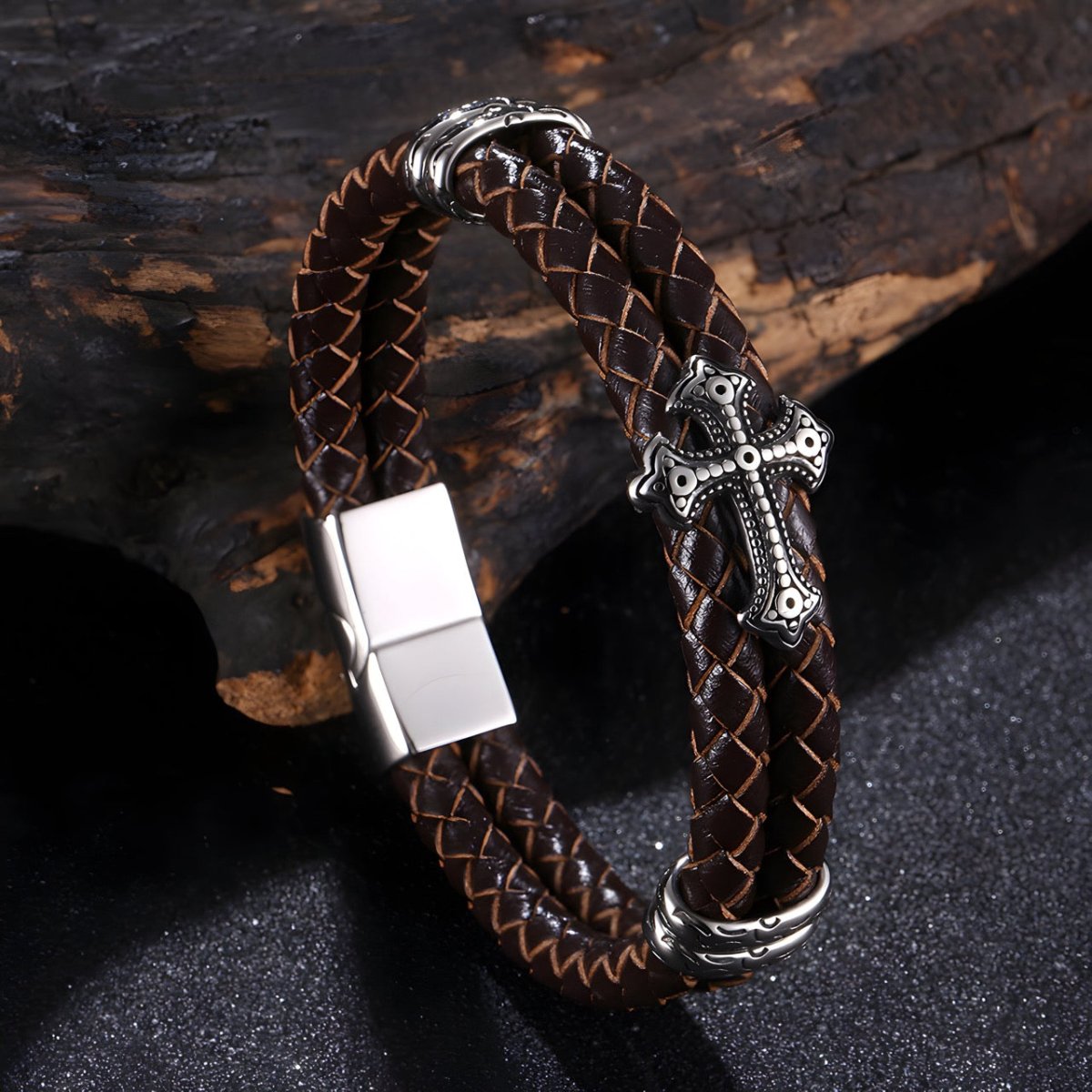 Bracelet en cuir, à motif croix tribal, modèle Timoléon - Bracelet - 21 cm (Taille unique) Marron