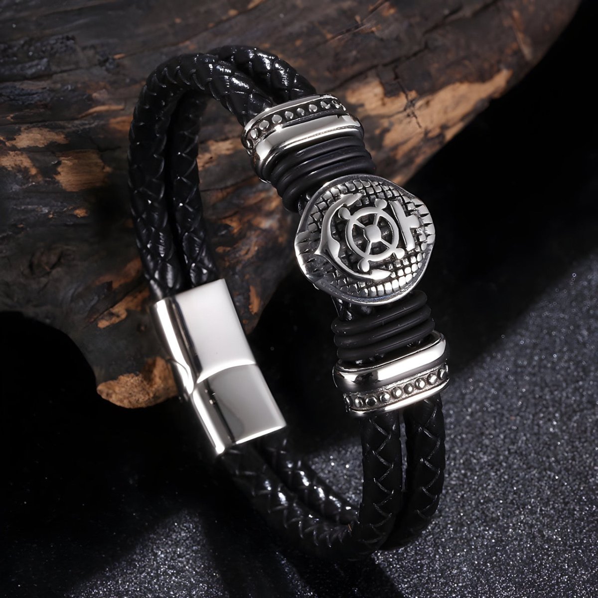 Bracelet en cuir, à motif marin, modèle Clément - Bracelet - 21 cm (Taille unique)