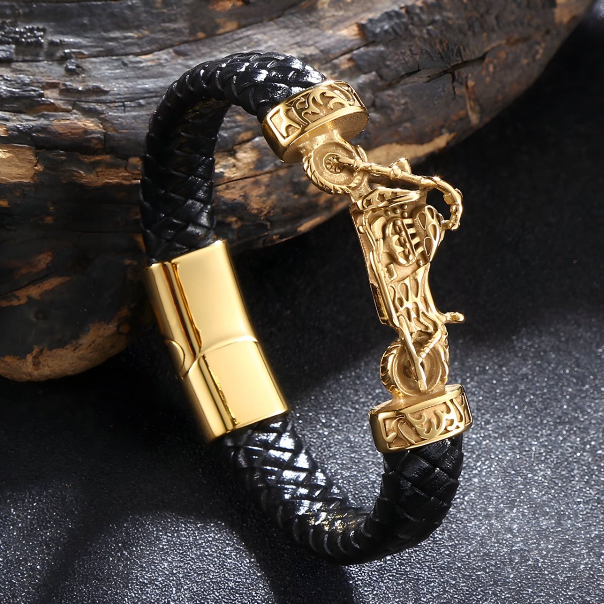 Bracelet en cuir, à motif moto, modèle Georges - Bracelet - 21 cm (Taille unique) Noir