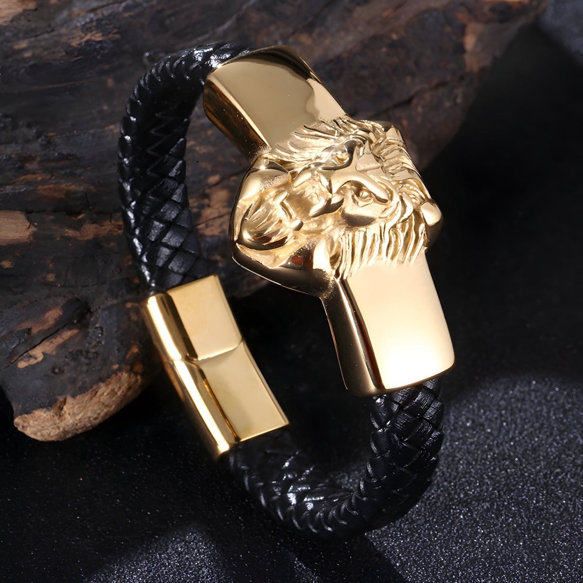 Bracelet en cuir, à motif tête de lion, modèle Samson - Bracelet - 21 cm (Taille unique) Noir