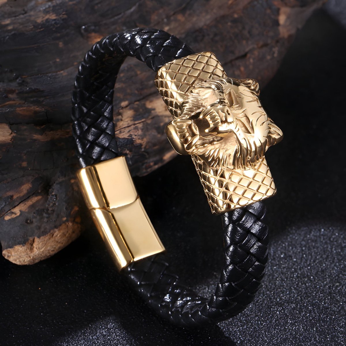 Bracelet en cuir, à motif tête de loup, modèle Luc - Bracelet - 21 cm (Taille unique) Noir