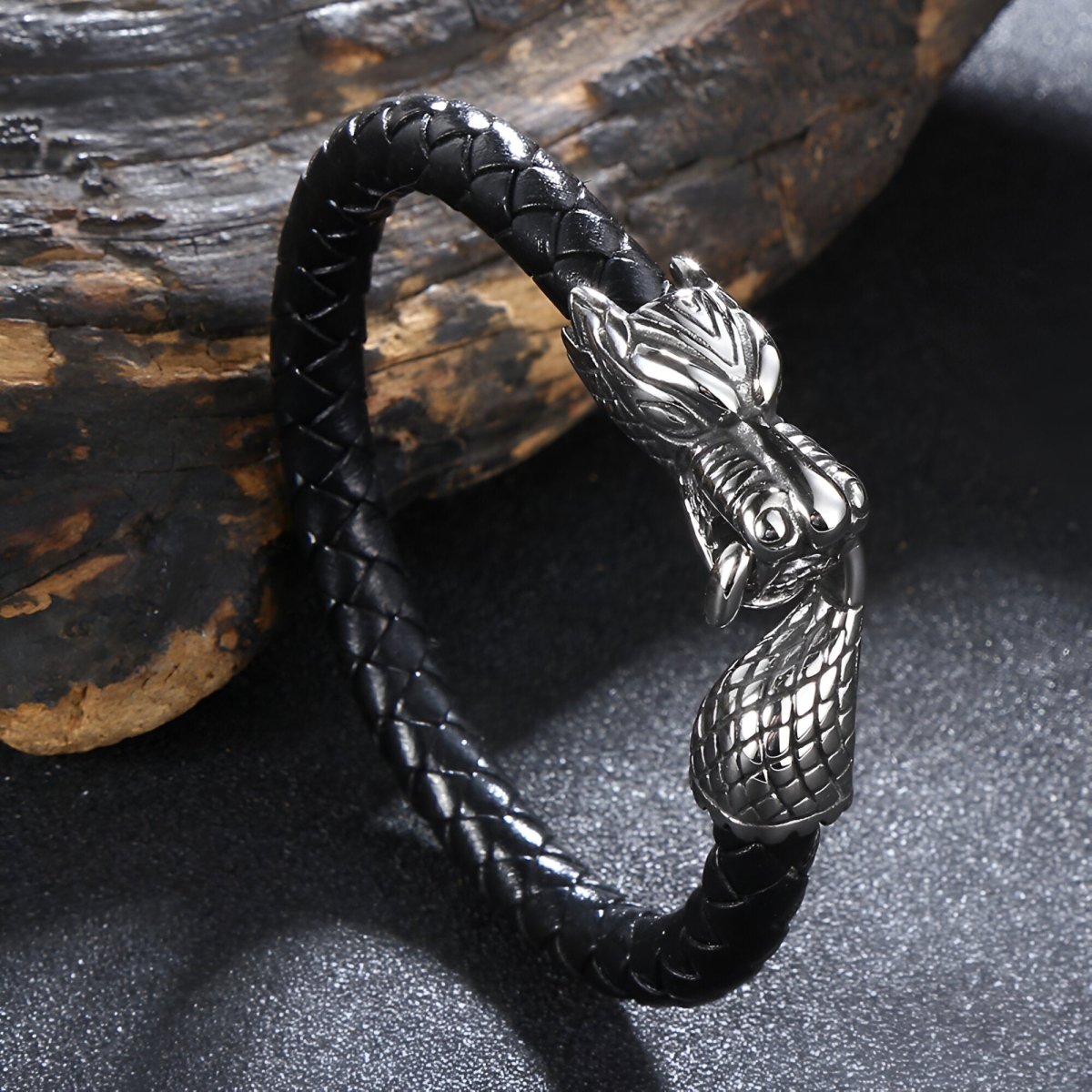 Bracelet en cuir, à tête de dragon, modèle Zéphir - Bracelet - 21 cm (Taille unique) Noir