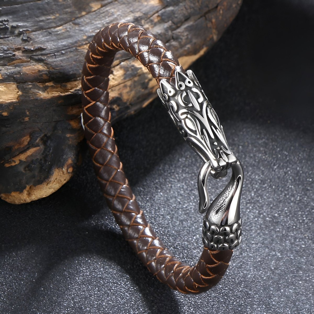 Bracelet en cuir, à tête de serpent, modèle Auxence - Bracelet - 21 cm (Taille unique) Marron