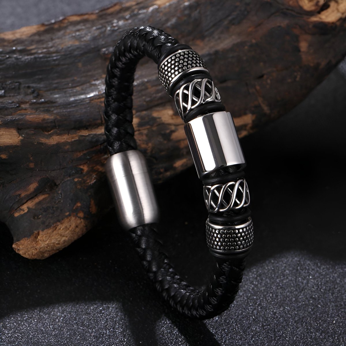 Bracelet en cuir, aux détails style grillage, modèle Pons - Bracelet - 21 cm (Taille unique) Noir