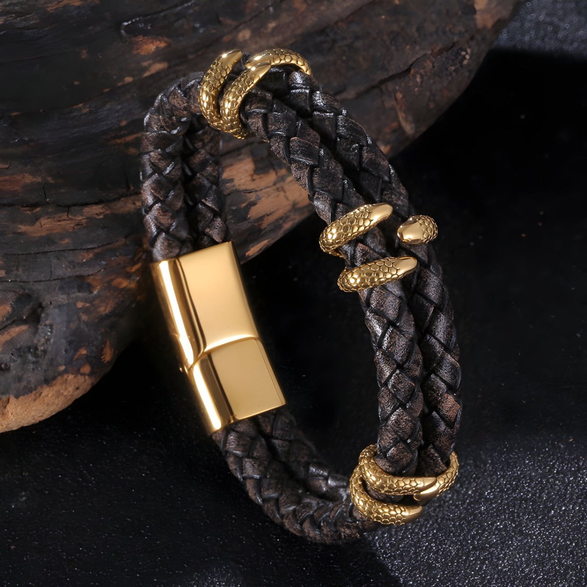 Bracelet en cuir, aux motifs serpents s'enroulants, modèle Alain - Bracelet - 21 cm (Taille unique)