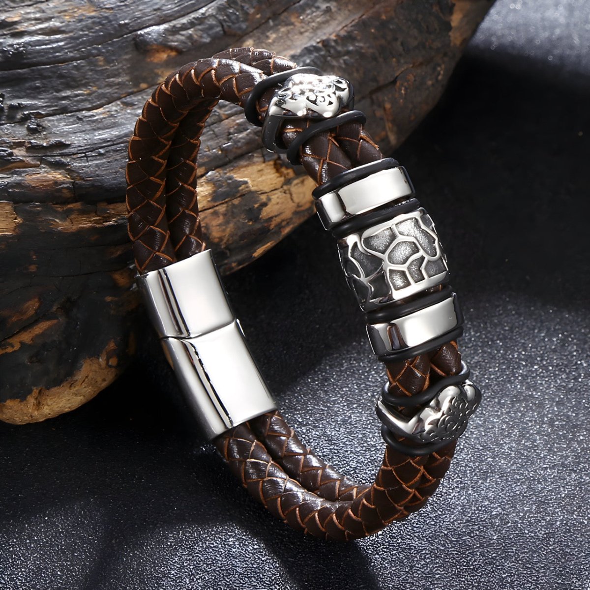 Bracelet en cuir, aux multiples détails géométriques, modèle Vigor - Bracelet - 21 cm (Taille unique)