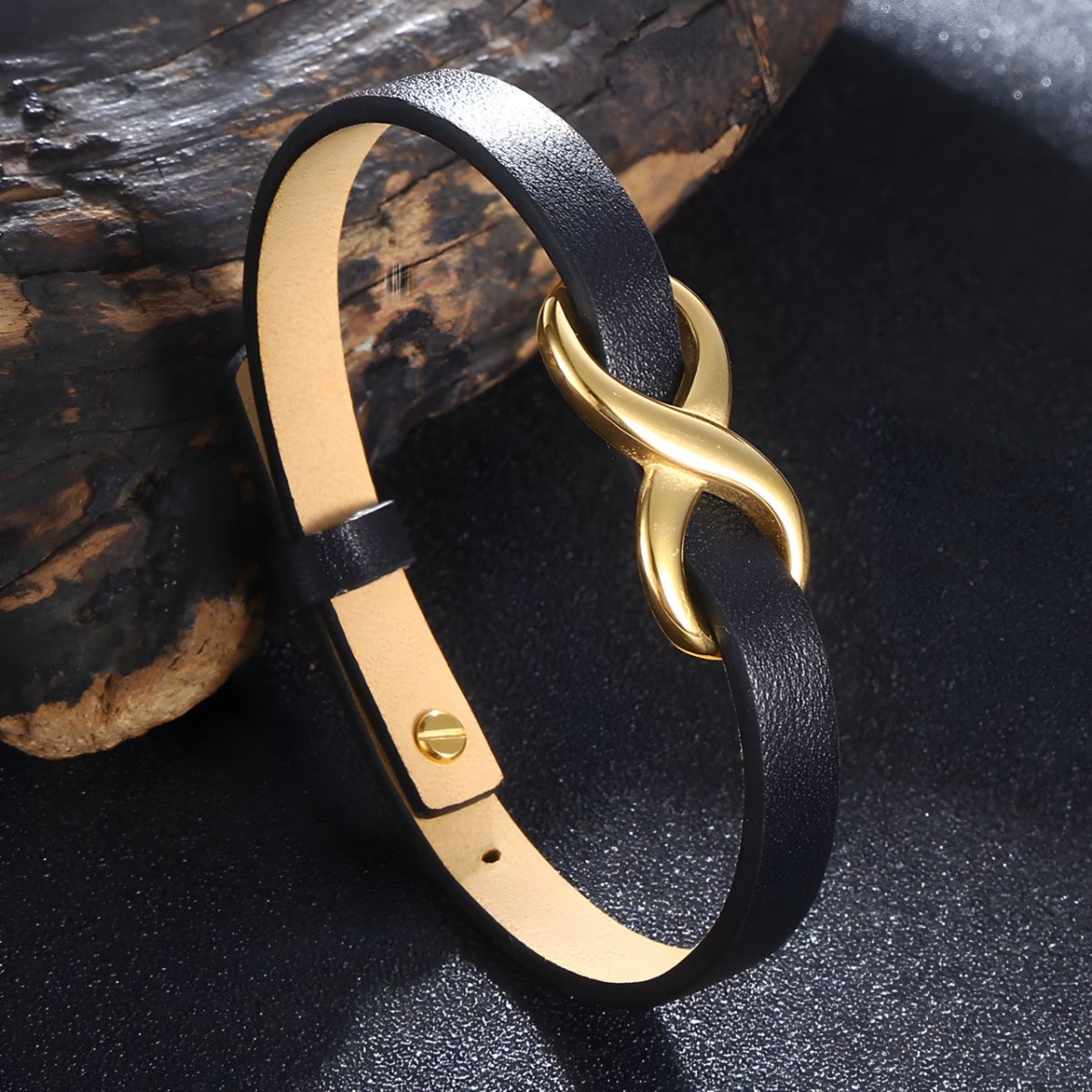 Bracelet en cuir, avec signe infini or, modèle Gaston - Bracelet - 21 cm (Taille unique) Noir