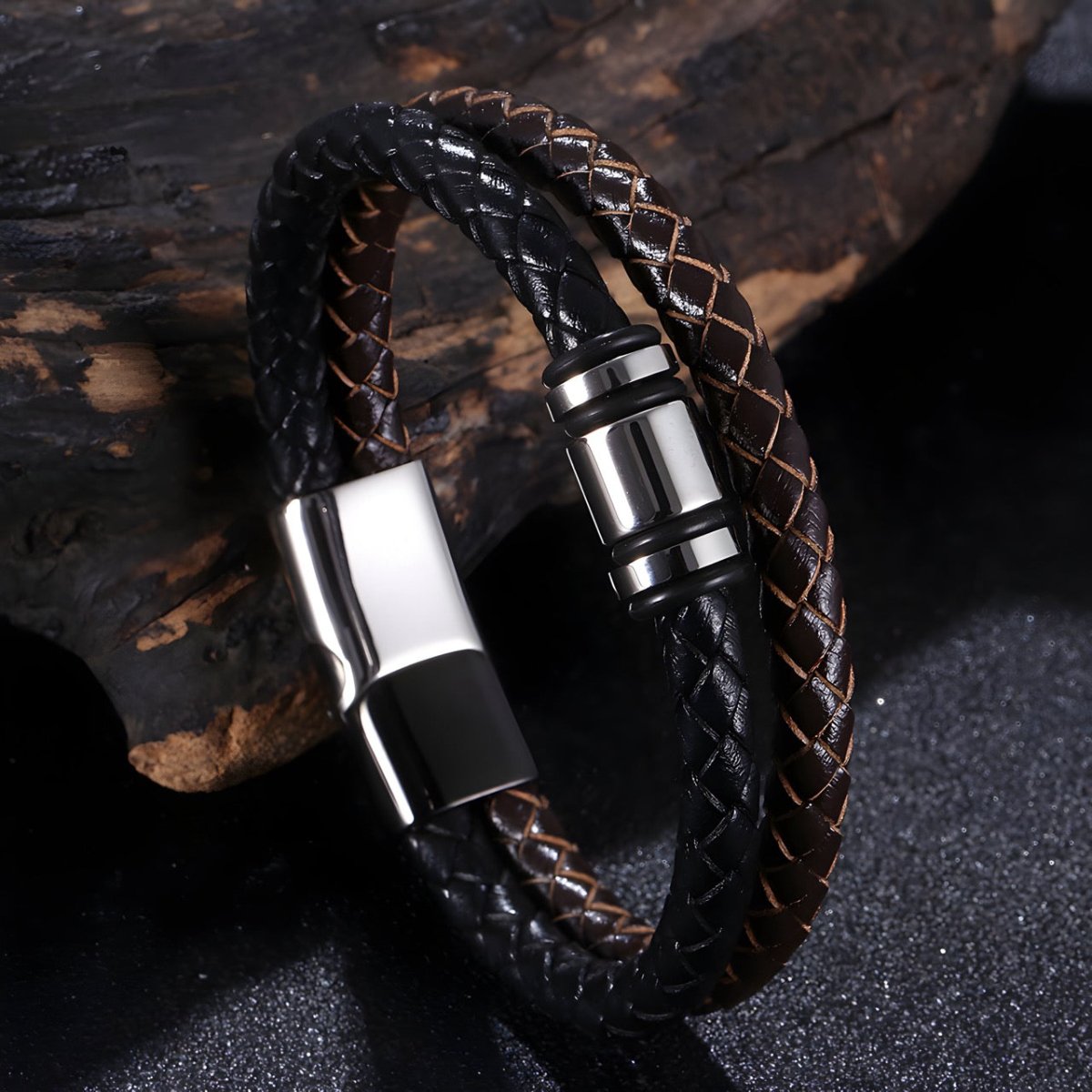 Bracelet en cuir, double et bi-colore, modèle Antoine - Bracelet - 21 cm (Taille unique)