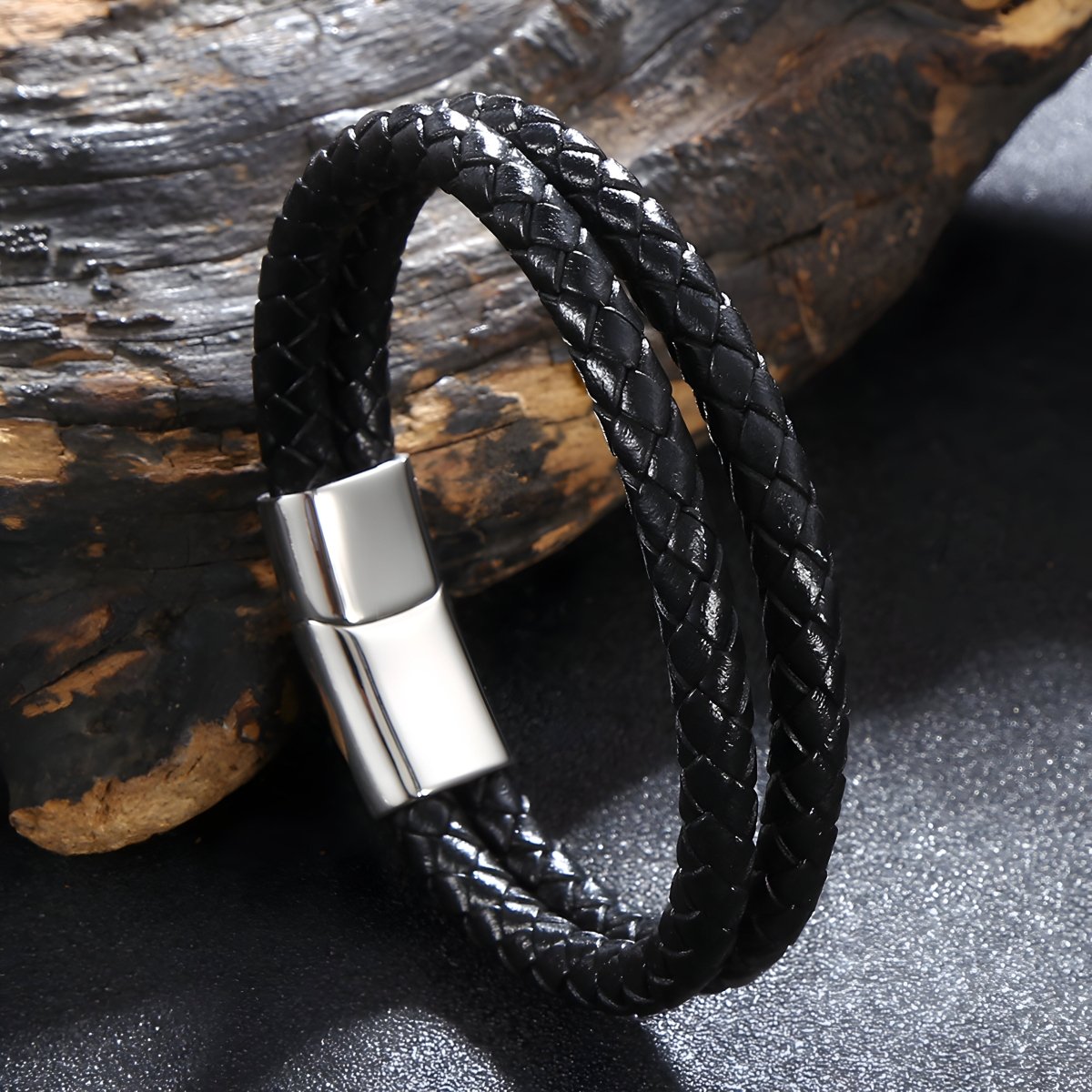 Bracelet en cuir, double unicolore, modèle Firmin - Bracelet - 21 cm (Taille unique) Noir