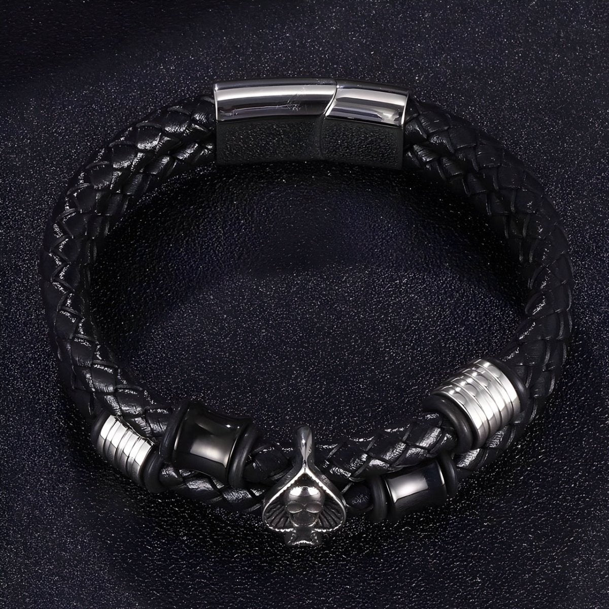 Bracelet en cuir, motif as de pique et tête de mort, modèle Étienne - Bracelet - 21 cm (Taille unique)