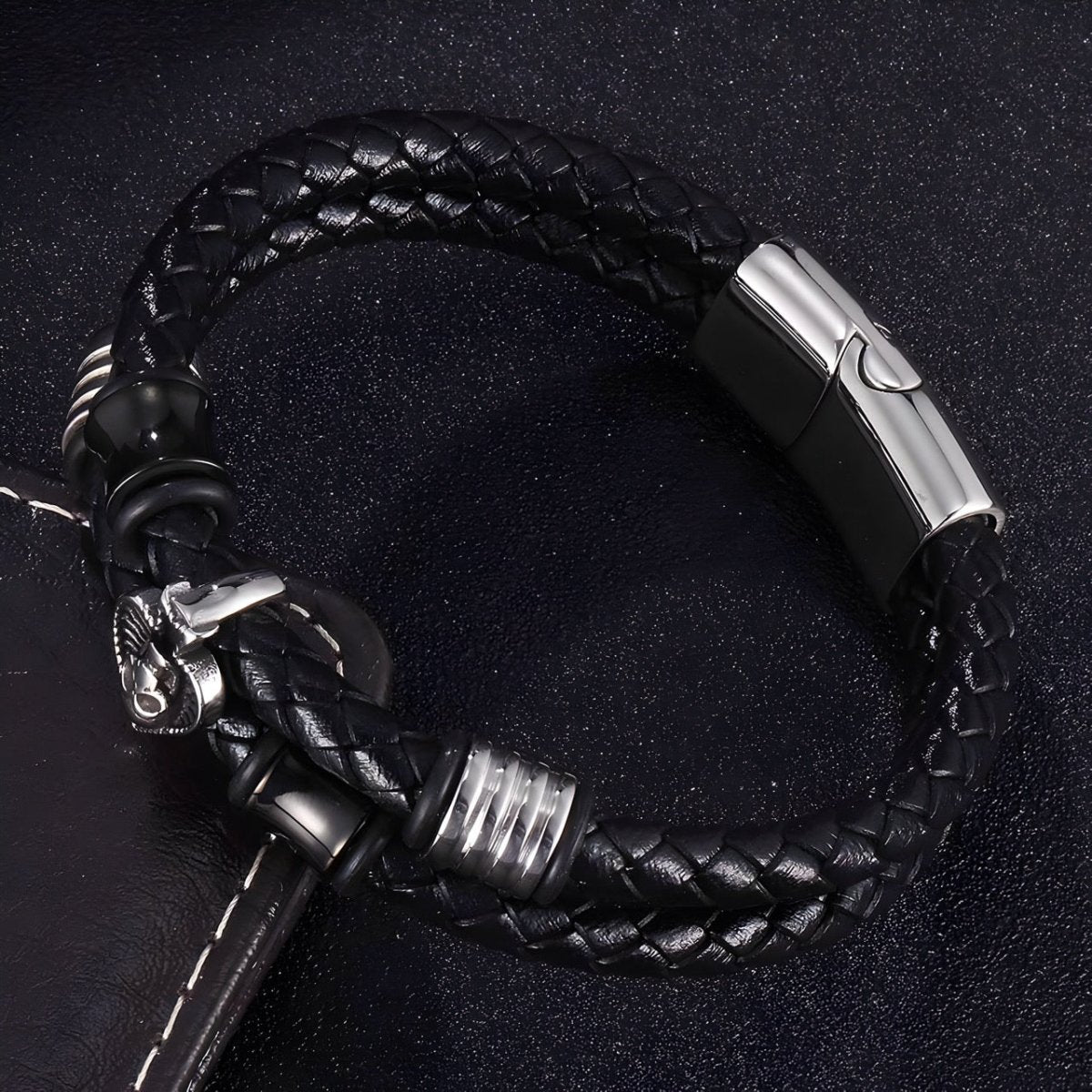 Bracelet en cuir, motif as de pique et tête de mort, modèle Étienne - Bracelet - 21 cm (Taille unique)