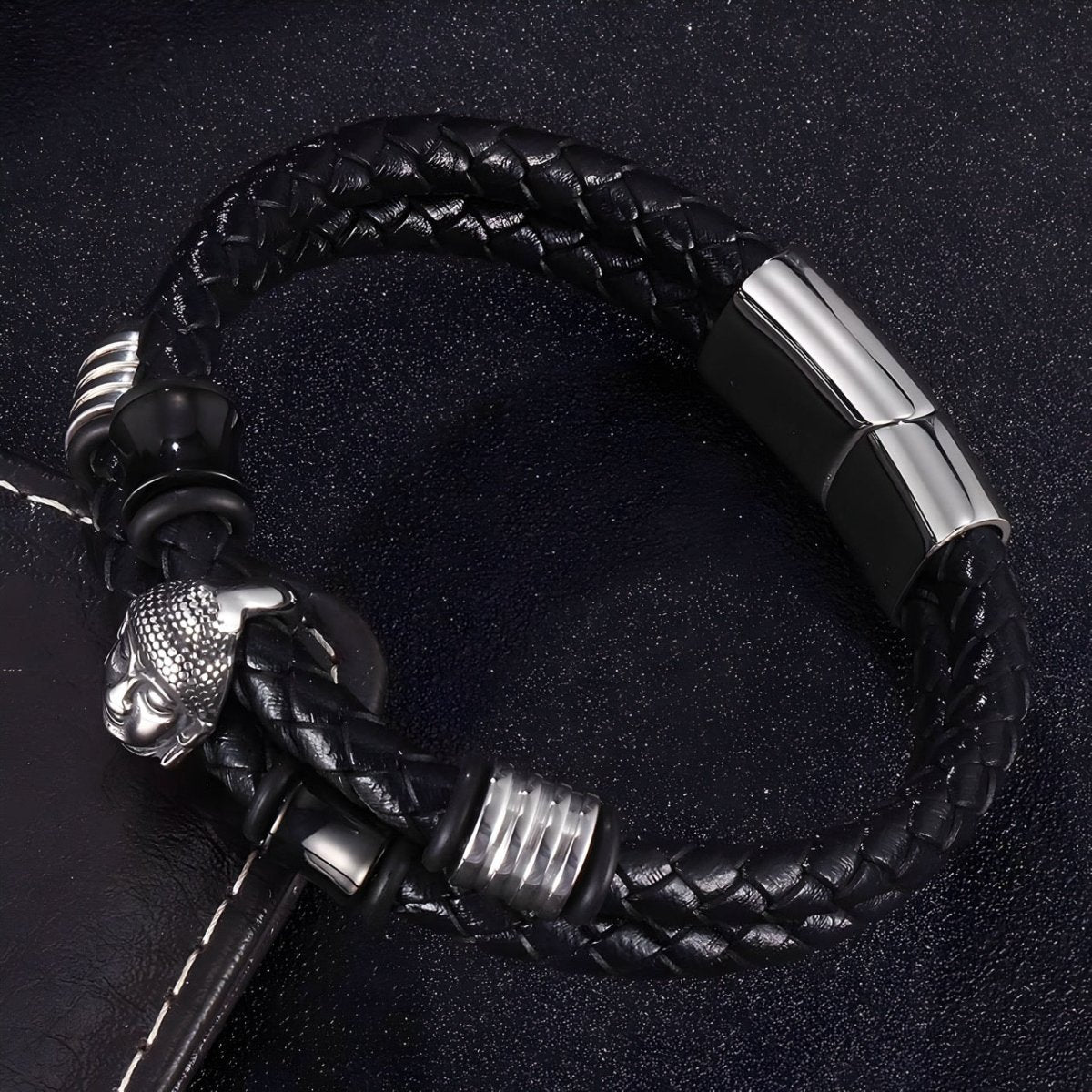 Bracelet en cuir, motif Bouddha, modèle Damien - Bracelet - 21 cm (Taille unique)