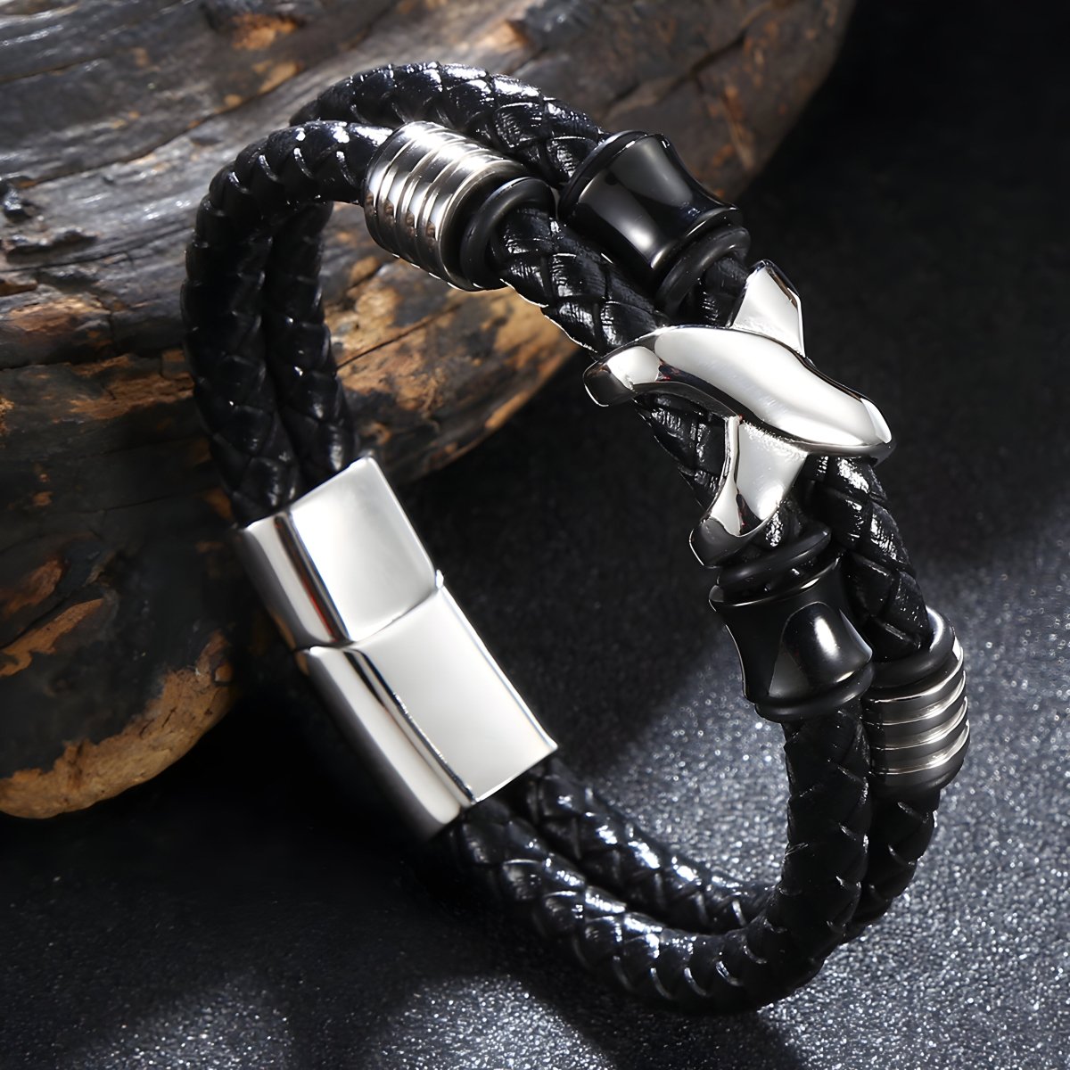 Bracelet en cuir, motif croix, modèle Faron - Bracelet - 21 cm (Taille unique)