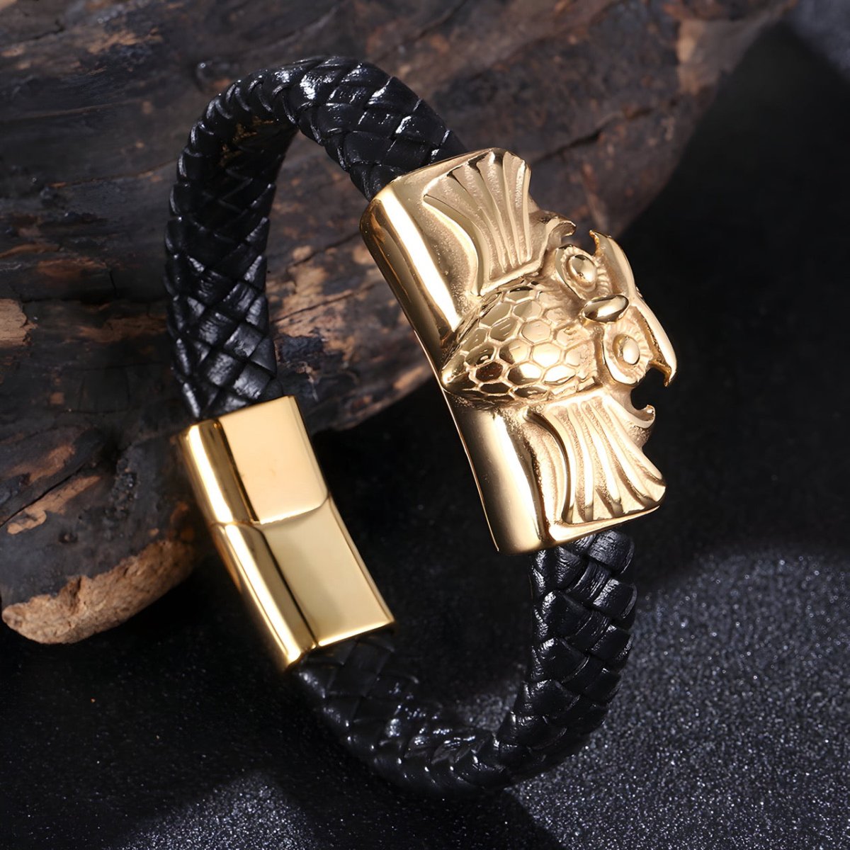 Bracelet en cuir, motif hibou, modèle Henry - Bracelet - 21 cm (Taille unique) Noir